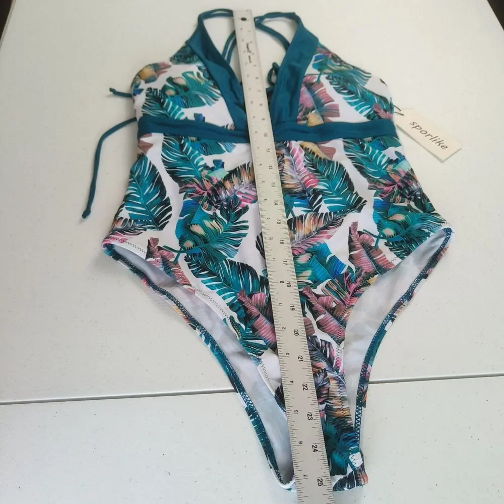 Sporlike‎ one piece swimsuit with V-neck cross back blue color palm designs sz M